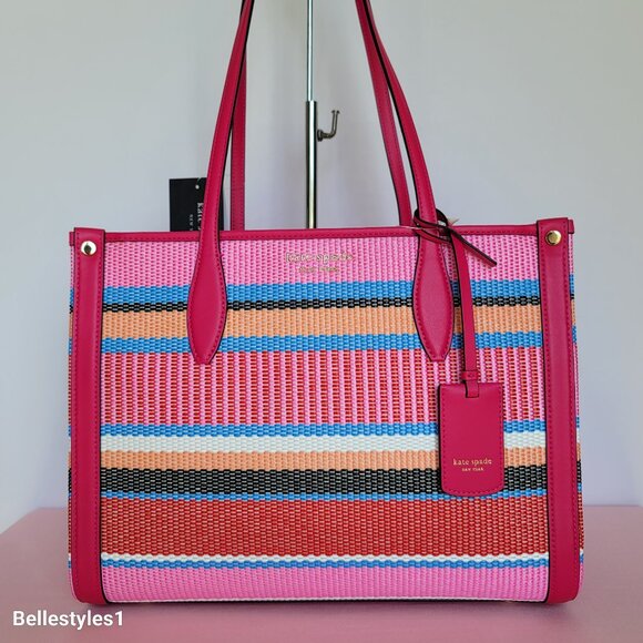 KATE SPADE Market Striped Woven Straw Medium Tote Bag-Wild Raspberry Multi - Picture 1 of 16
